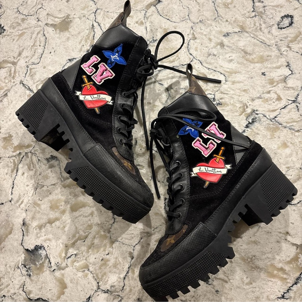 Louis Vuitton Black and Multicolor Lace-Up Boots